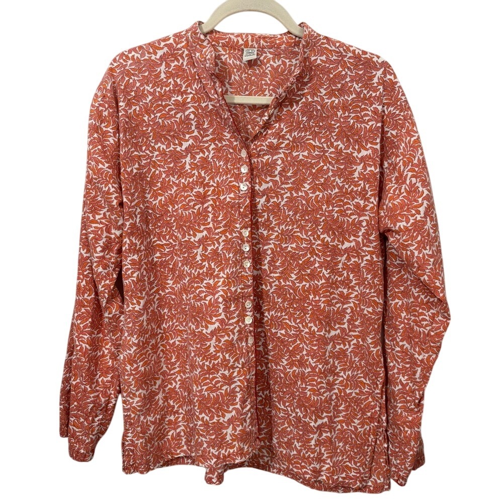 SUDHA Pink/Red Long Sleeve Button Down‎ Shirt with Mandarin Collar 100% Cotton